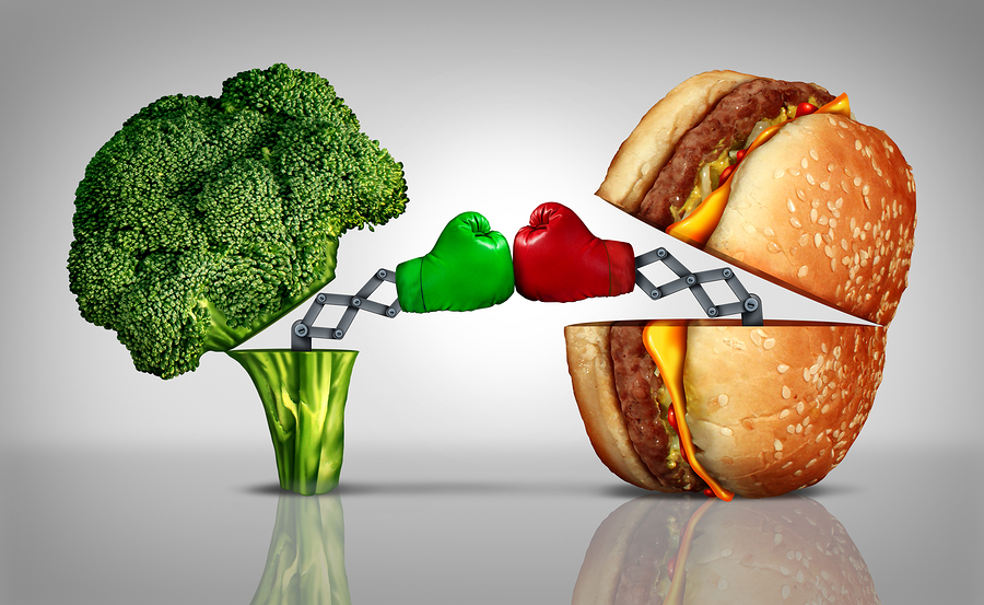 Food fight nutrition concept as a fresh healthy broccoli fighting an unhealthy cheese burger with boxing gloves emerging out of the meal options punching each other.